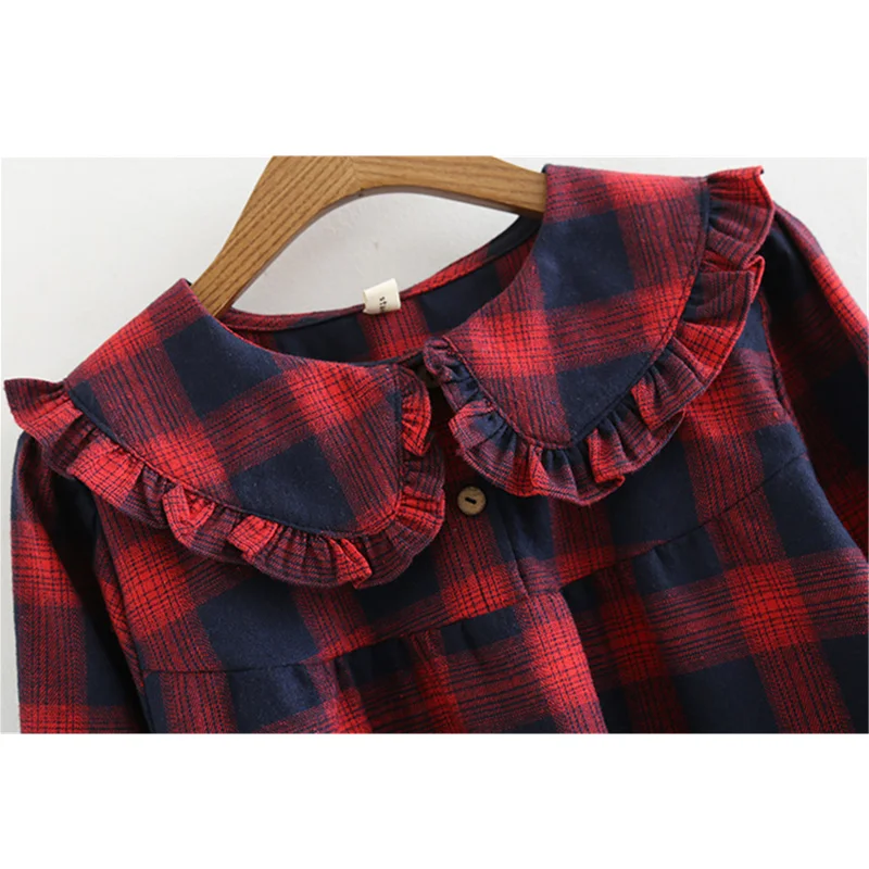 Kawaii Frilly Peter pan Collar Long Sleeve Blouse Women Spring Autumn Teen Girls Babydoll Tops Cotton Plaid Shirt chemisier