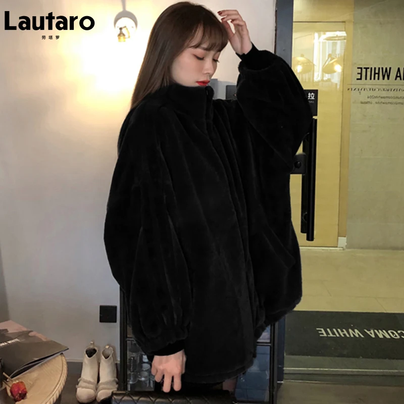 Lautaro Winter Black Oversized Faux Fur Jacket Women Long Sleeve Stand Collar Korean Fashion New Arrivals 2021 Womens Clothing