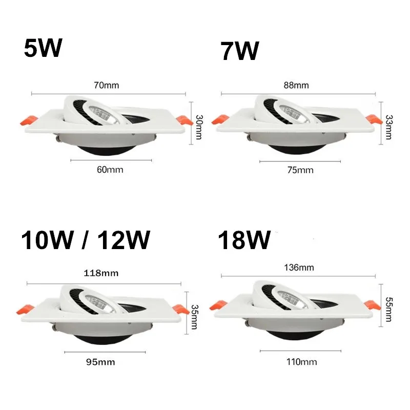 Встраиваемый светодиодный потолочный Светильник направленного света с регулируемой яркостью, 5 Вт, 7 Вт, 12 Вт, 18 Вт, квадратный Светодиодный точечный светильник, декоративная потолочная лампа переменного тока 110 В/220 В
