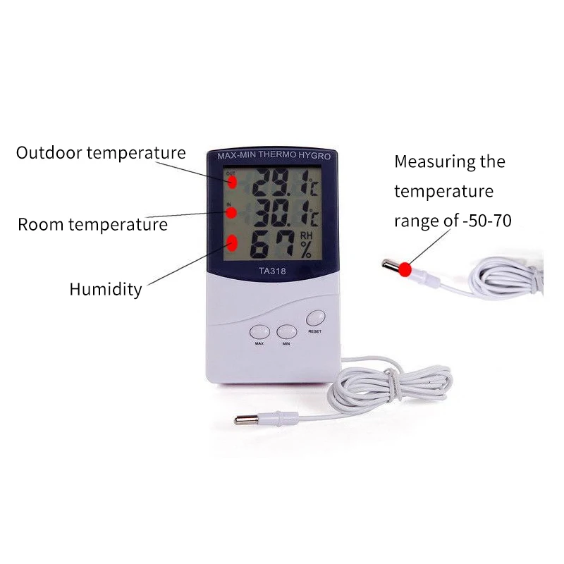 LCD Max-Min Thermometer Hygrometer Digital Indoor Thermo Hygro Humidity Out Temperature Meter Probe Sensor Cable Weather Station