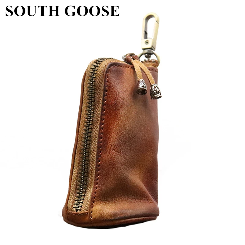 Genuine Leather Key Wallet Men Vintage Zipper Car Key Holder Buckets Keys Organizer Pouch Women Casual Home Key Case Housekeeper