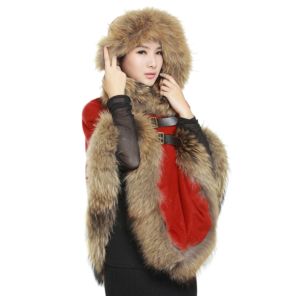 2020 autumn and winter raccoon fur coat female shawl plus size women\'s big red cloak cloak woolen coat  cape for women  cloak