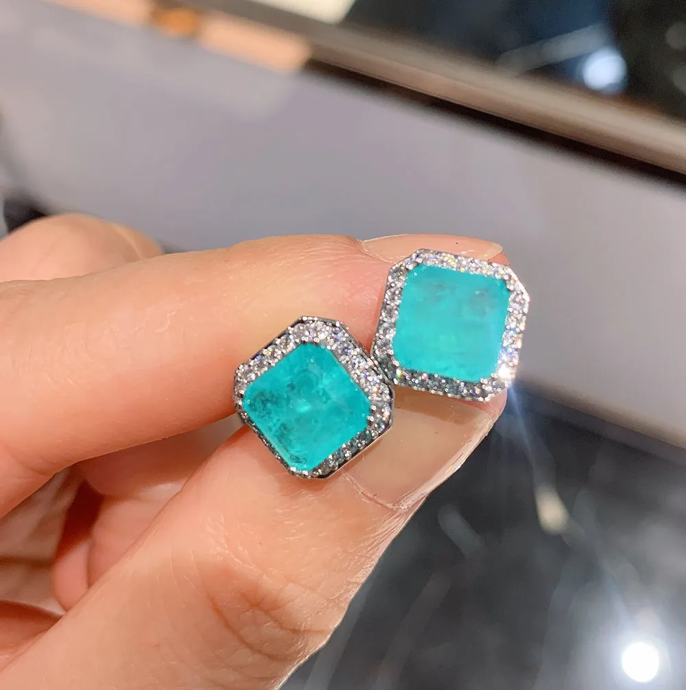 

Vintage Lab Gemstone Emerald Paraiba Tourmaline Turquoise Earrings for Women Stud Ear Fine Jewelry Accessories Gift Wholesale