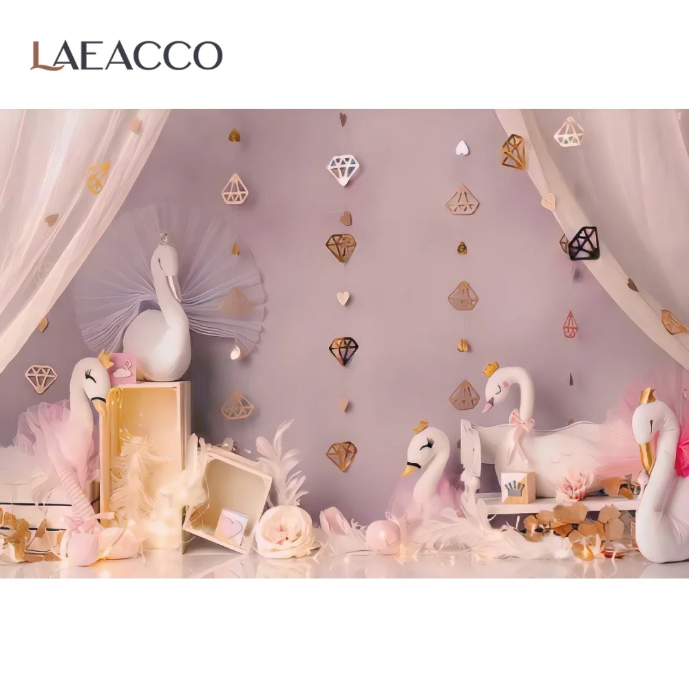 

Laeacco Pink Curtain Swan Pendant Party Decor Flowers Stage Child Baby Portrait Photo Background Photographic Backdrop Photocall