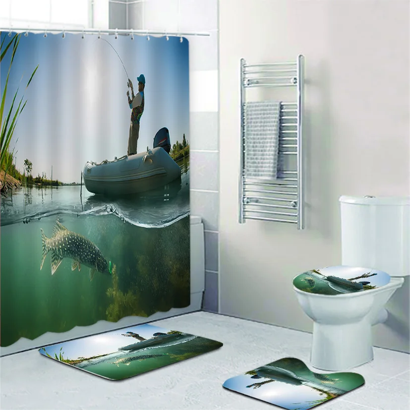 Cool Trout Fishing Fisherman with Rod Underwater Shower Curtain and Bath Rug Set Fisher Sport Bathroom Mats Toilet Accessories