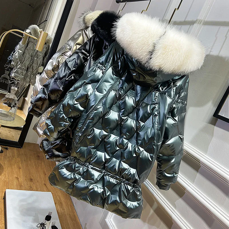 2023 New Long Winter Glossy Down Coats Women\'s Oversize Warm White Duck Down Parka Coat Woman Big Fur Collar Hooded Down Jackets