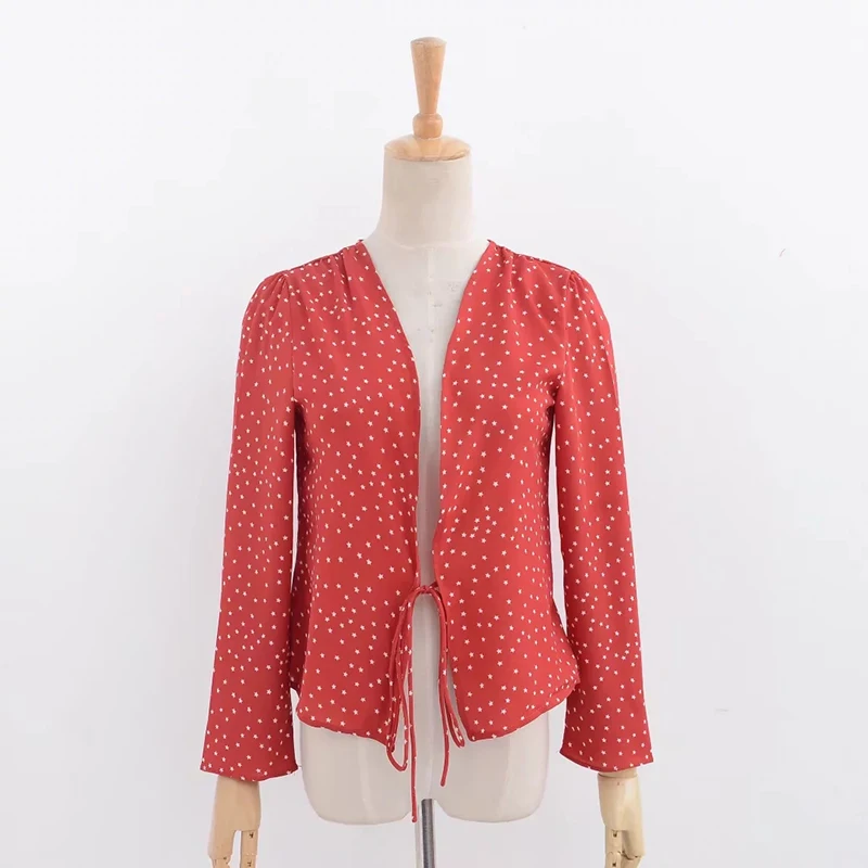 Top corto de gasa para mujer, blusas de manga larga con estampado de estrellas rojas, cárdigan kimono, tops de verano, 2020