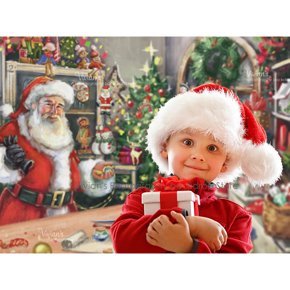 Santa Claus Theme Brckdrop Child Portrait Photography Hand Paint Background Gifts Desk Trees Socks Girl Baby Photo Photostudio