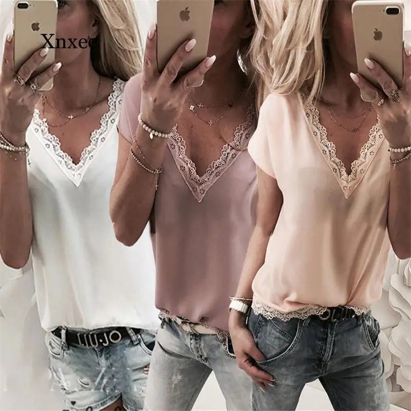 Sexy V Neck Lace Splicing Pullover Short Sleeve Backless Shirts Women Ladies Loose Blouse Female Elegant Workplace  Top