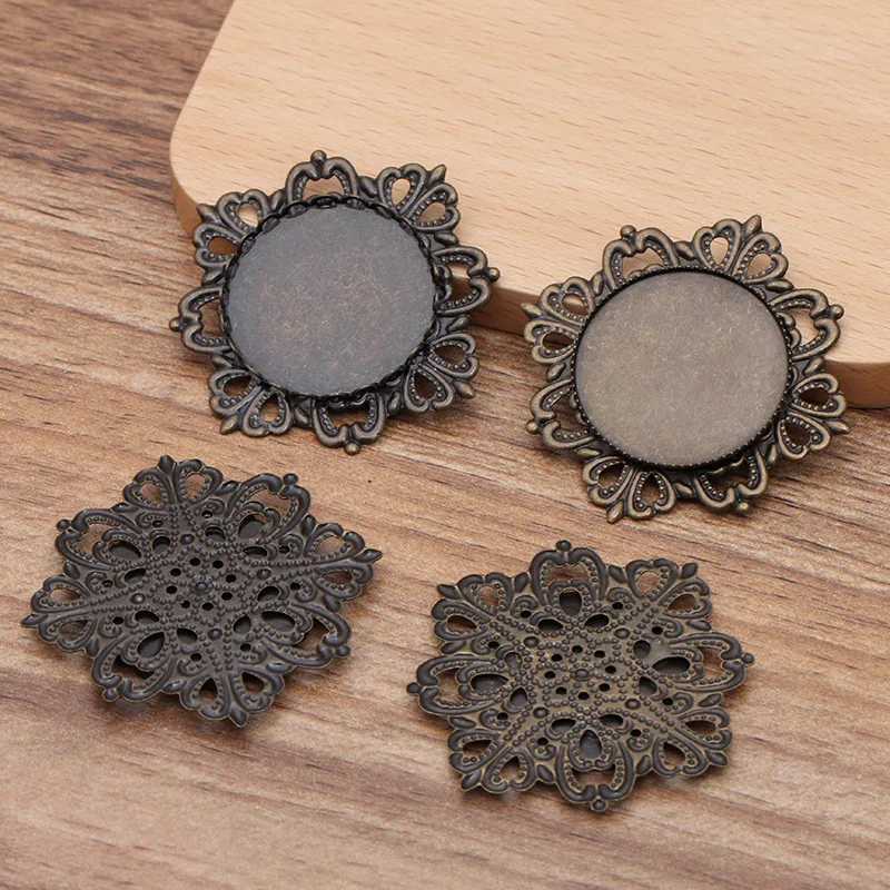 200pcs Antique Bronze Flower Circle Bezel Cabochon Base Setting Pendant Stamping DIY fits for 25mm 30mm Cameo Floating Charms