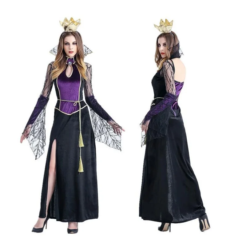 

Fashion Purple Queen Long Dress with Crow Costume Adult Elf Princess Dress Fairy Tale Cosplay Witch Costume Sexy Girls Dress