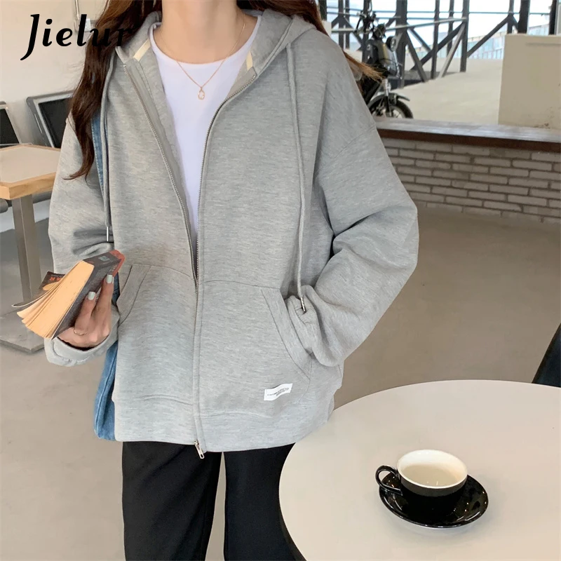 Jielur Autumn Chic Zip-up Hoodies Female Casual Street Loose Thin Blue Gray Apricot Sweatshirt Pocket Hooded Women Cardigans