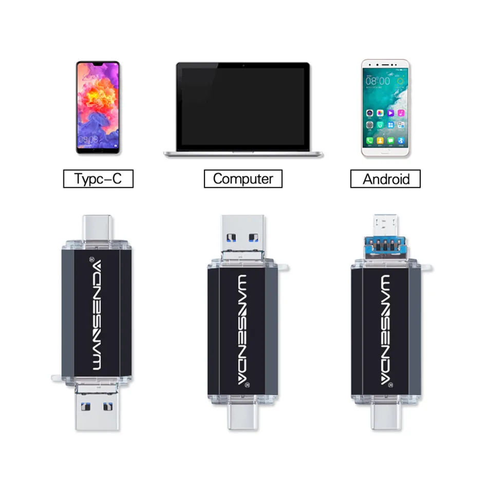 WANSENDA OTG USB Flash Drive 3 en 1 USB 3,0 y tipo C y Micro USB Pen Drive 512GB 256GB 128GB 64GB 32GB Pendrive de alta velocidad