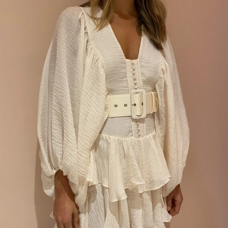 

Cotton Fashion Blend Lantern Sleeve Sashes Dress Autumn Winter Striped Ruffles Loose Short Dress Sexy Office Party Lady Dress