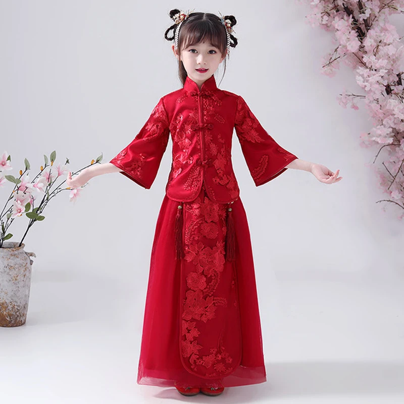 

Girl's Han Fu Chinese Style Embroidery Flower Girl Dress For wedding party Evening birthday Dresses to attend the first dress