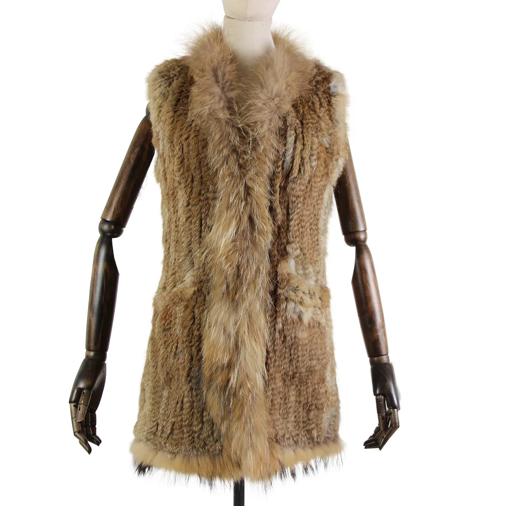 nuova moda gilet di pelliccia di coniglio maglia gilet di coniglio 80 cm stile lungo per le donne collo di pelliccia di procione finiture gilet di pelliccia tasca decorazione