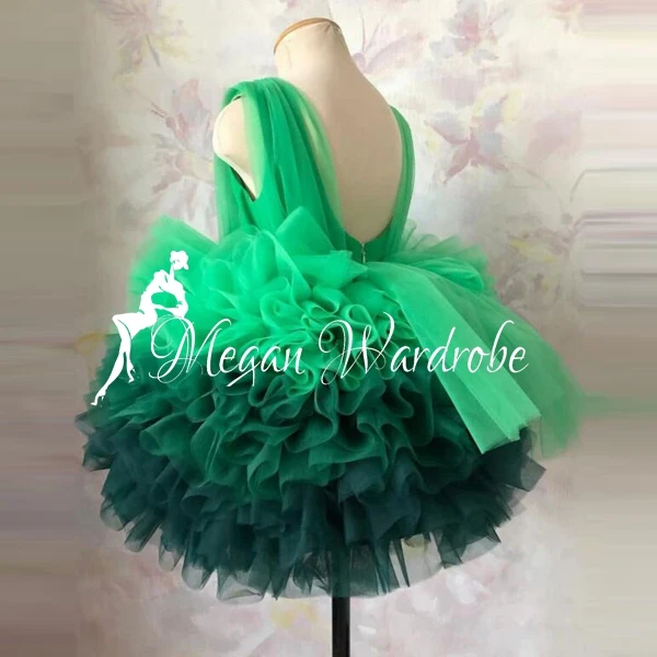 Cutte Gradient Green Fully Ruffles Pleated Tulle Gowns Girls A-line Sleeveless Illusion Short Party Tulle Dress Zipper Back