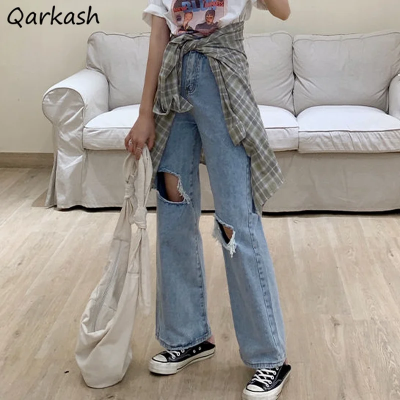 

Jeans Women Hole Design Fashion Ulzzang High Street Female Spring Solid Casual Pocket Ins Student All-match Simple Denim Trouser