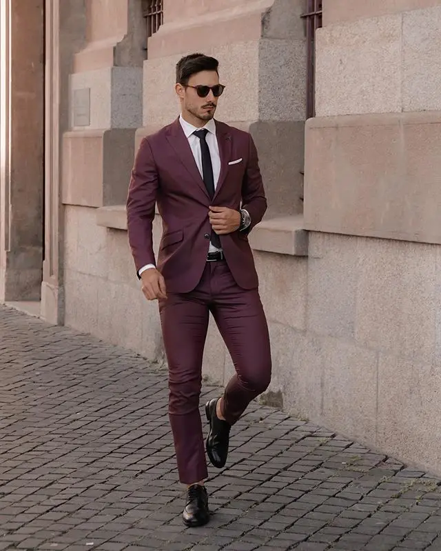 Esmoquin de boda para hombre, Blazer ajustado con dos botones, traje de negocios para fiesta y graduación, Burgundy, 2 piezas, 2021