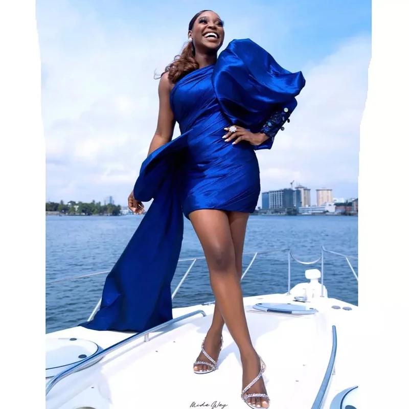 

Royal Blue Sexy Elegant Party Dresses One Shoulder Puffy Long Sleeves Women Short Prom Cocktail Gowns Plus Size Custom Made