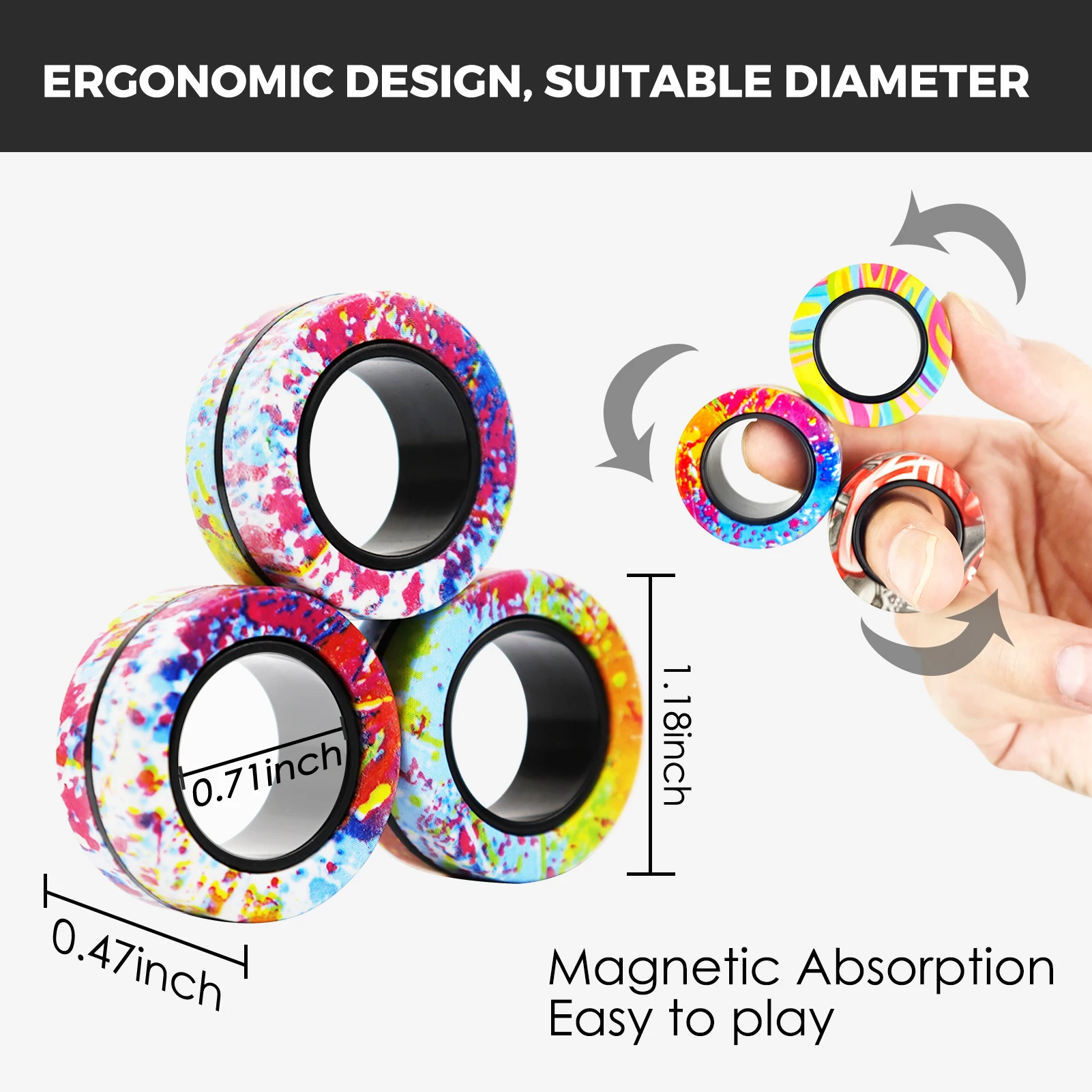 3Pcs Fidget Spinner Magnetic Ring Set Camo Fingers Magnet ADHD Stress Relief Magical Toys for Kids Adult Anxiety Gift Random