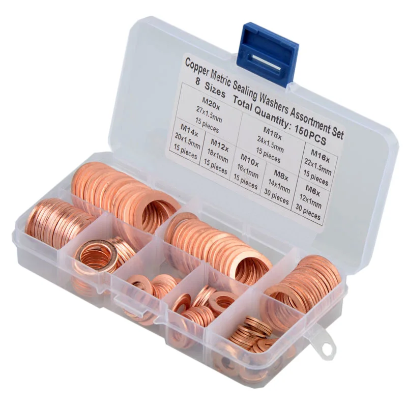150PCS ทองแดงเครื่องซักผ้าซีลน้ำมันปะเก็นแหวนแบน Seal Assortment KIT พร้อมกล่อง // M6/M8/M10/M12//M16/M18/M20สำหรับปลั๊กบ่อ