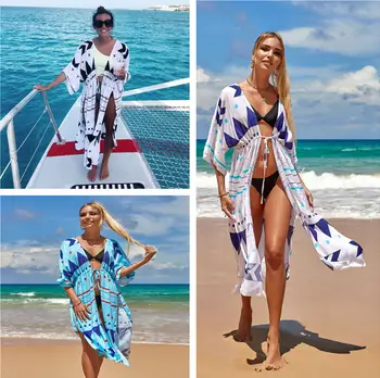 Copricostume da bikini, kimono lungo stampato bohémien, cardigan, tunica in chiffon, abbigliamento da spiaggia per donna, costume da bagno 10 best sales kimono di chiffon - №10