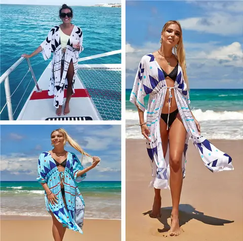 Bikini Cover-ups Bohemian Printed Long Kimono Cardigan Chiffon Tunic Women Beach Wear Swim Suit Cover Up