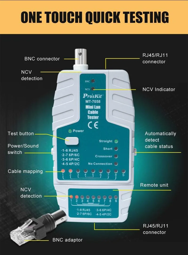 Imagem -05 - Proskit Mt7058 Mini Precisão Cabo de Rede Testador Aberto Cruz em Linha Reta Curto Rádio Fio Rastreador Verificador