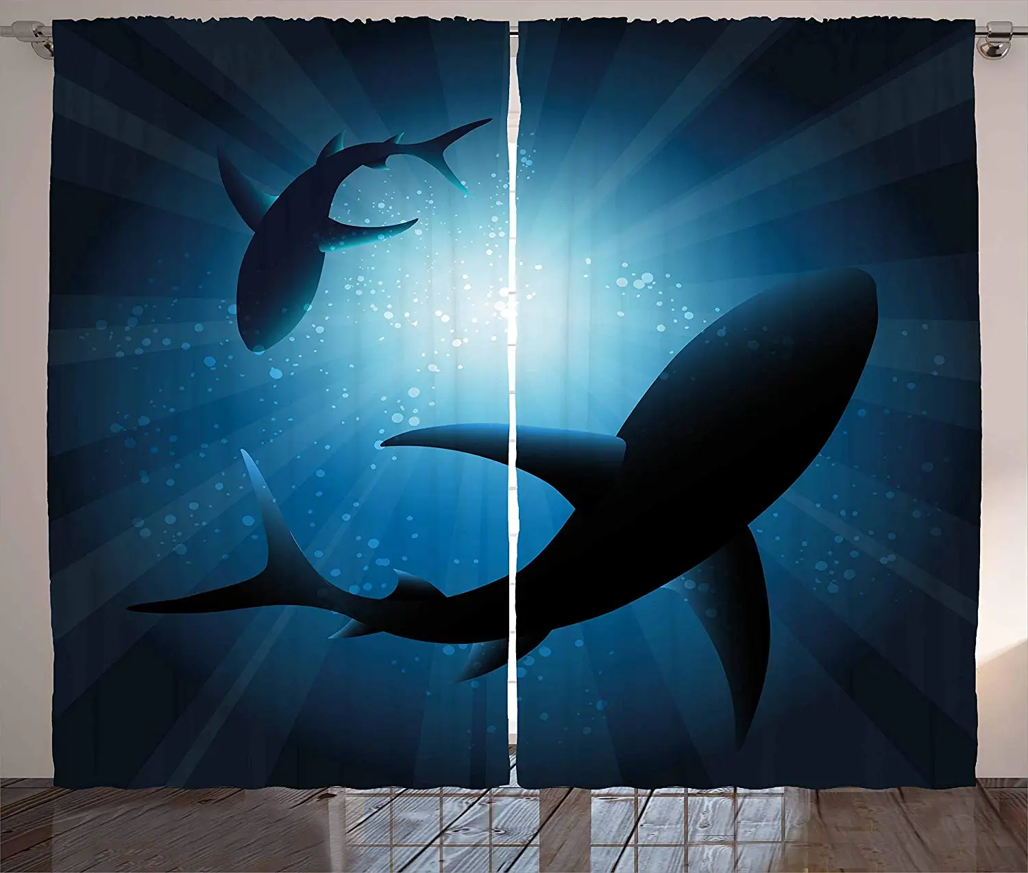 Shark Curtains Silhouette of The Fishes Swimming at Twilight Night Moon Mystic Magical Sea Scenery Living Room Window Drapes