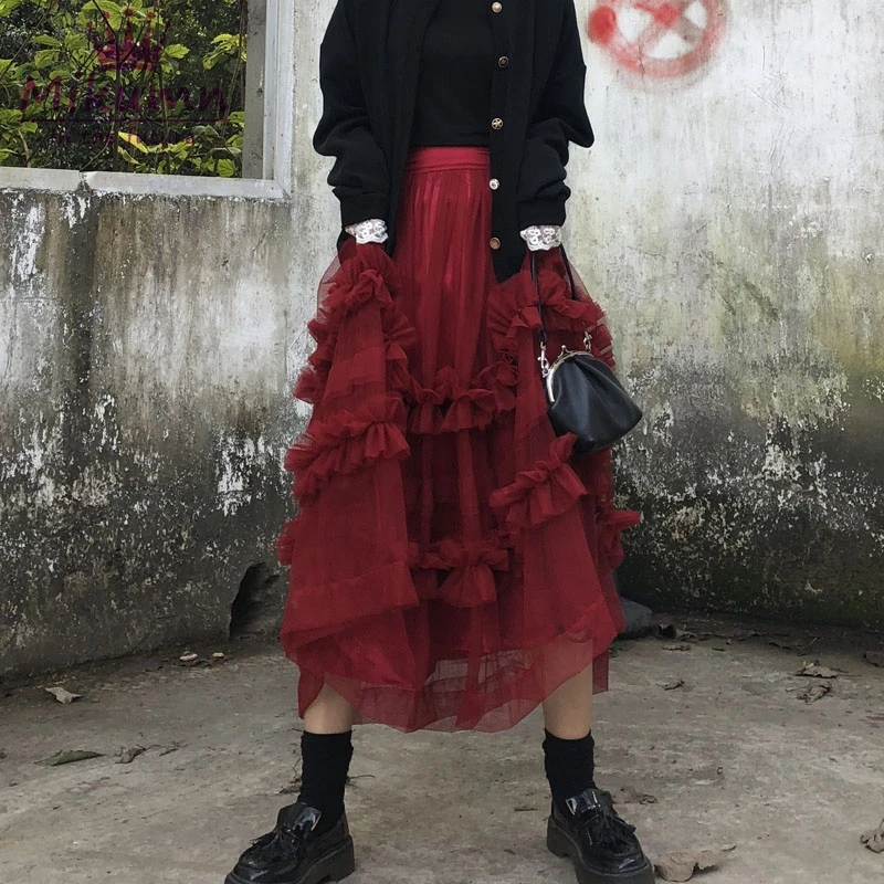 2018 a 라인 롱 Tulle Skirt 하라주쿠 펑크 빈티지 스트리트 패션 여성 파티 나이트 스커트