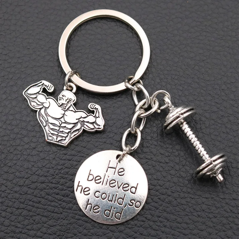 Creative Metal Keychain,Inspirational Passion Charm, Fitness Charm, Bodybuilding Charms, DIY Handmade Gift, Silver Plated 1pcs