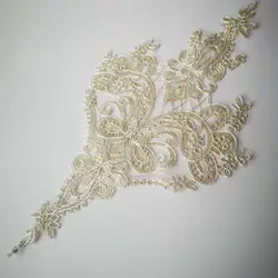 2Pcs/20X36.5cm Clear Sequins Champagne Gold Lace Appliques Flower Sewing Trims Wedding Decoration