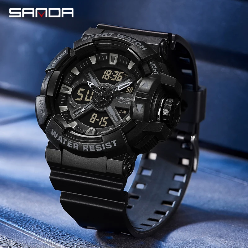 

SANDA Dual Time Watch for Man Luxury Shockproof Stopwatch Luminous Digital Watch Fashion Men's Watches Original Waterproof