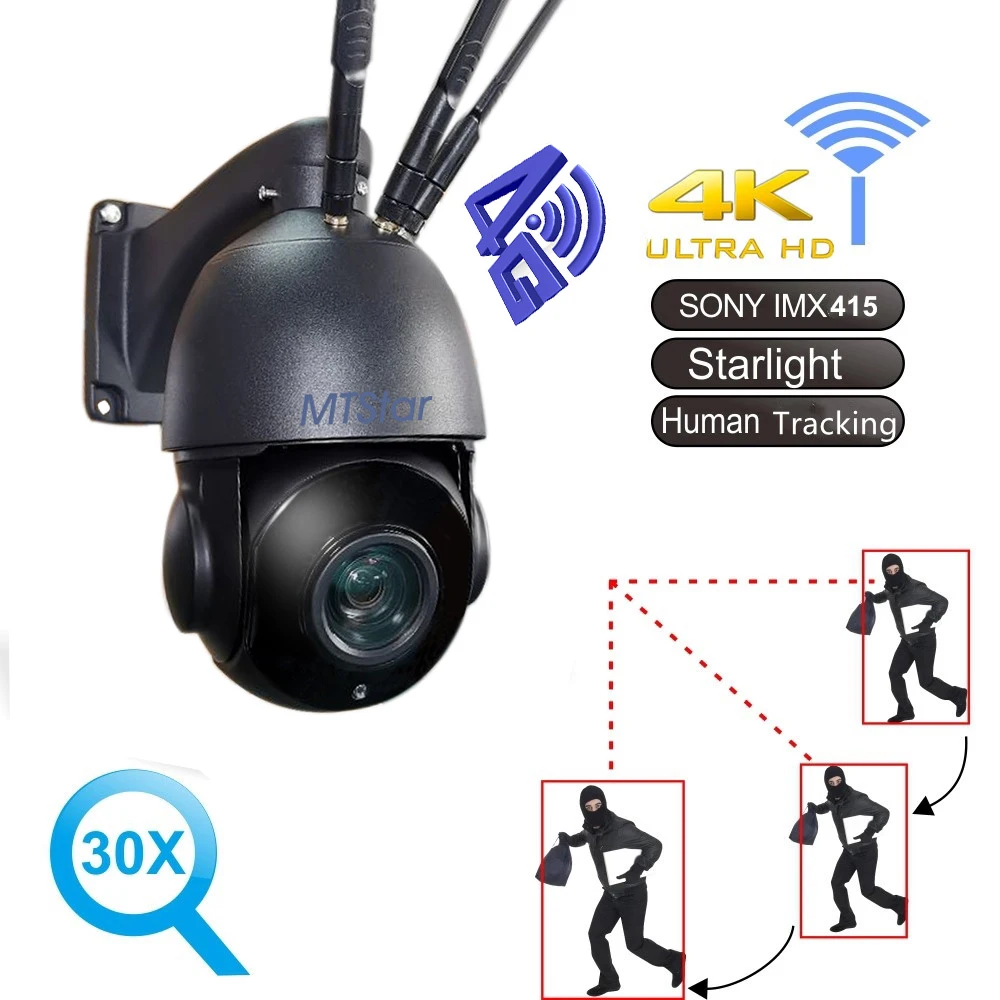 

8MP 4K Wifi Outdoor Human AI Auto Tracking 30x Zoom Onvif Dome P2P Audio Black Security Camera Camhi wifi PTZ