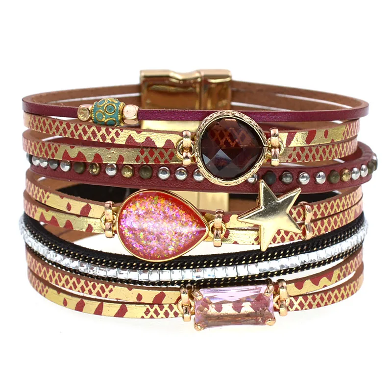 WELLMORE New 5 colors bohemia Leather bracelets for women luxury glass wrap bracelets fashion female jewelry wholesale