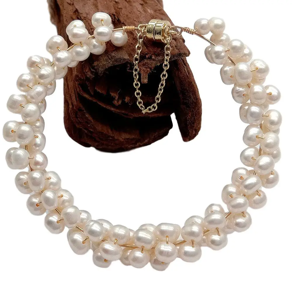 YYGEM natural 4mm Round Cultured White freshwater Pearl Wrap Bracelet magnet clasp luxury for women