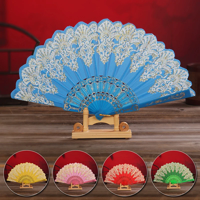 Luxury Fashion Folding Fan Flower Lace Silk Wedding Dance Party Stage Performance Decoration Fashion Hot Stamping Hand Held Fan