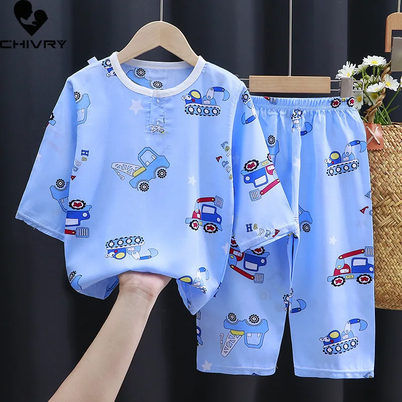 

New 2021 Boys Girls Summer Pajama Sets Cartoon Print Three-quarter Sleeve T-Shirt Tops with Pants Baby Sleeping Clothing Sets