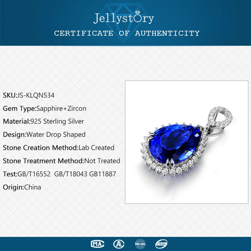 Jellystory Fashion 925 Sterling Silver Necklace with Water Drop Shape Sapphire Zircon Gemstone Pendant for Women Wedding Jewelry