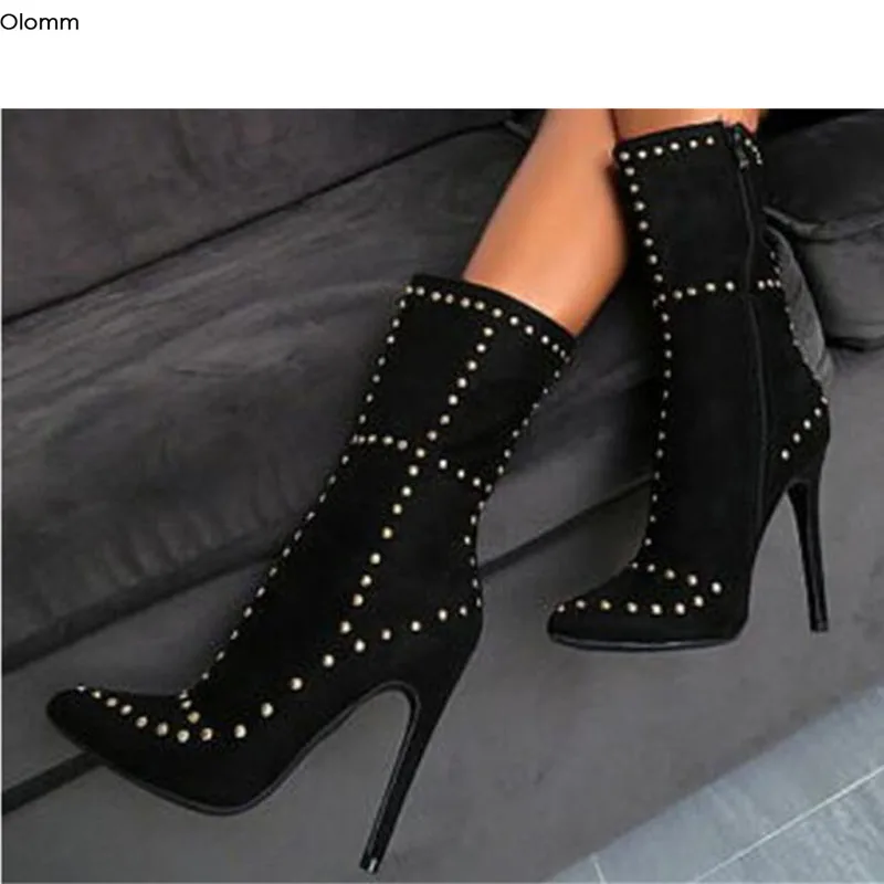 Olomm New Handmade Women Ankle Boots Studded Stiletto Heels Boots Pointed Toe Super Sexy Club Wear Shoes Women Plus US Size 5-15