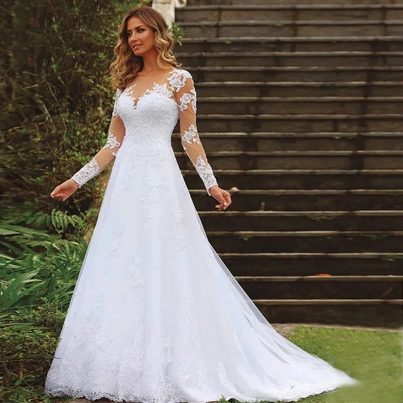 Vestidos De novia elegantes De marfil blanco para mujer, con apliques De encaje, manga larga, línea A, novia, 2022