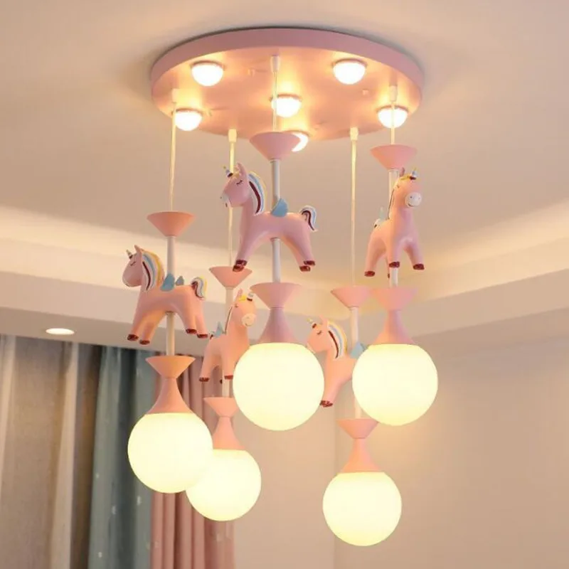 

Modern Pendant lighting Cartoon Creative Resin Pony for Princess Children's Room Bedroom American Colored rotate Horse Lights