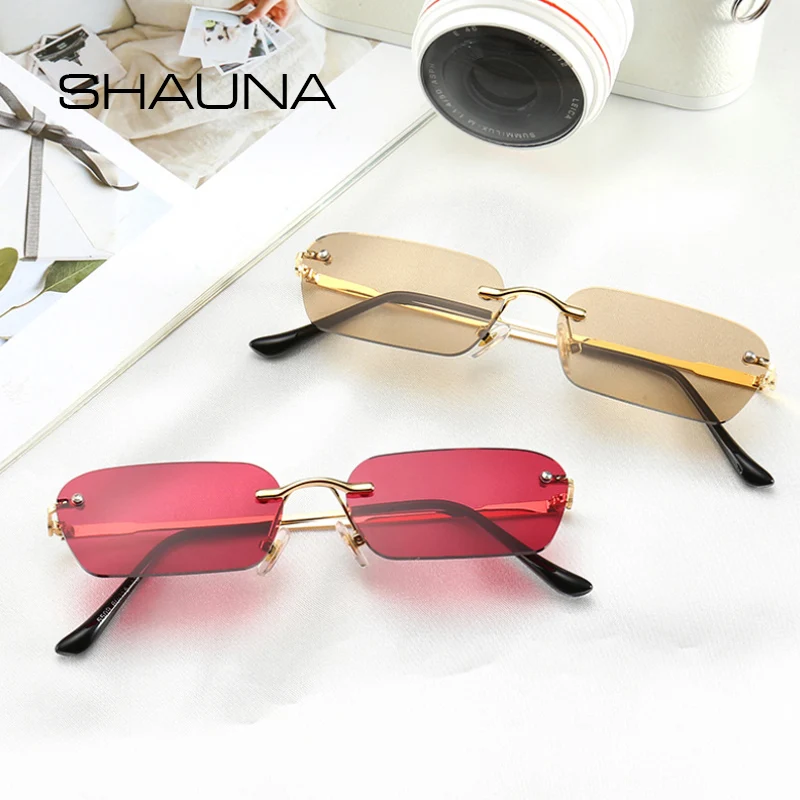 SHAUNA Modne okulary przeciwsłoneczne bez oprawek Trendy Przezroczyste czerwone niebieskie żółte męskie prostokątne odcienie UV400