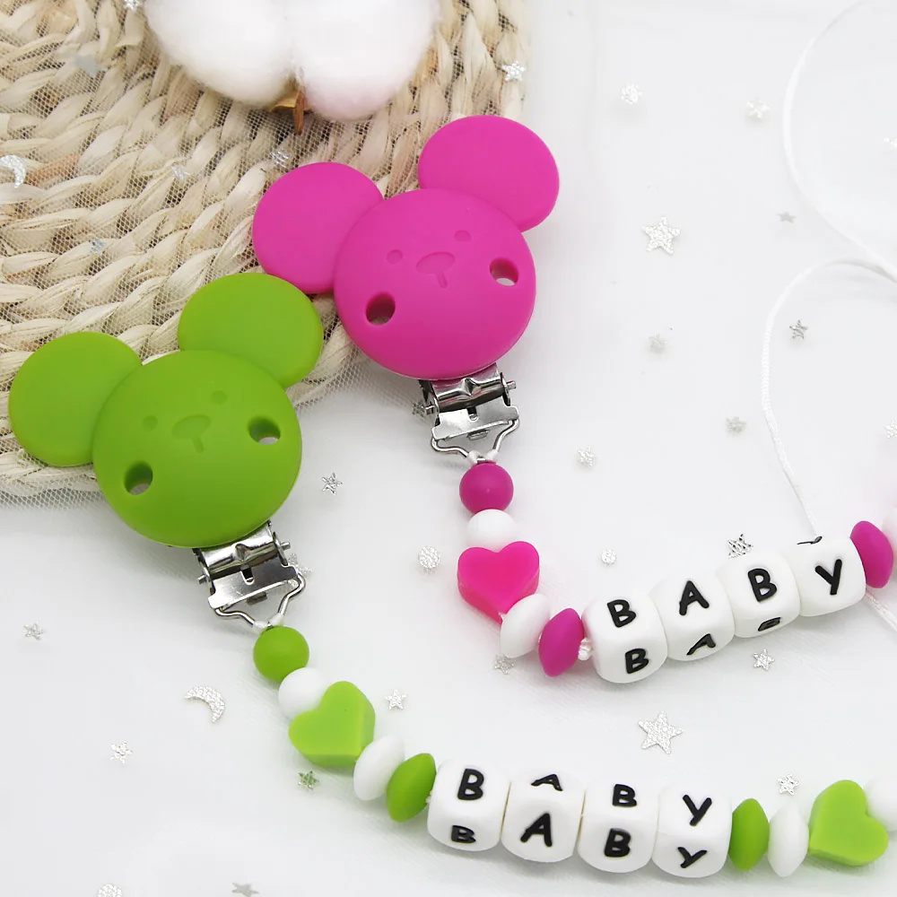 Cute-idea 1Pcs Silicone Personalised Name Baby mouse Pacifier Clips Beads Silicone heart Pacifier Chain Holder Baby goods Gifts