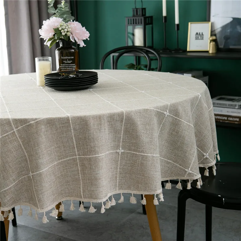 

Modern Simple Cotton and Linen Jacquard Plaid Cover Towel with Fringed Lace European Pastoral Embroidered Grid Round Tablecloth