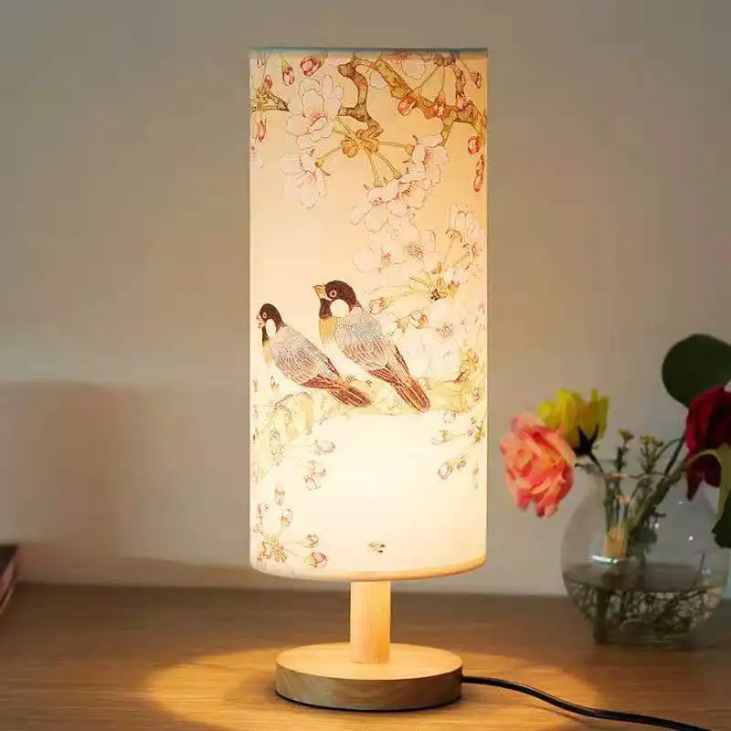 

New Chinese Style Table Lamp 42cm Flower Bird Printing Fabric Wood Bedroom Bedside Light Night Home Art Decoration with E27Bulb