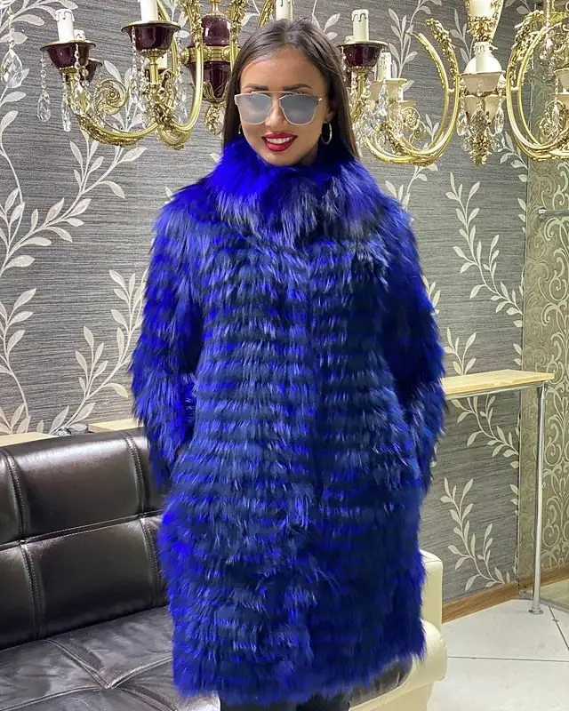 Women's Striped Real Silver Fox Fur Coat, Long Cardigen with Wool Lining, Big Size Clothes, Elegant Outwear, Spring, Lux18A09164