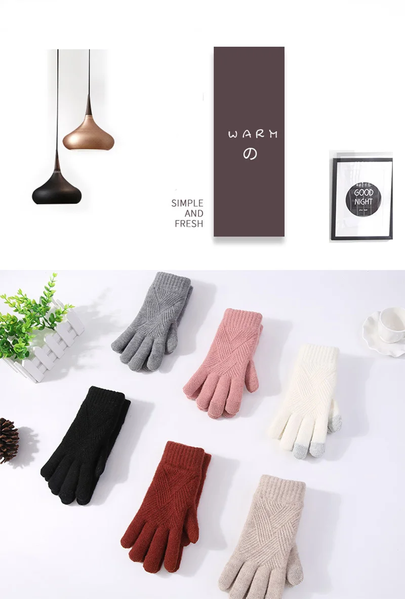 Female Winter Warm Knitted Full Finger Gloves Men Solid Woolen Touch Screen Mittens Women Thick Warm Cycling Driving Gloves H46