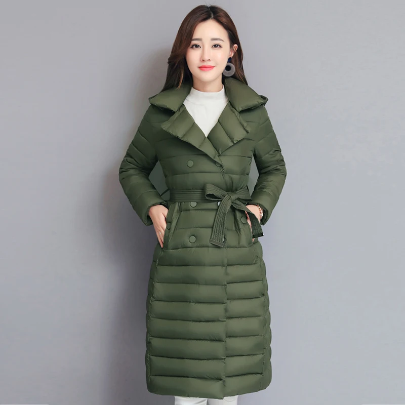 

Plus Size Winter Long Parkas for Women Office Ladies Style Solid Female Coat Hooded Slim Woman Puffer Jakcet with Sashes Outwear